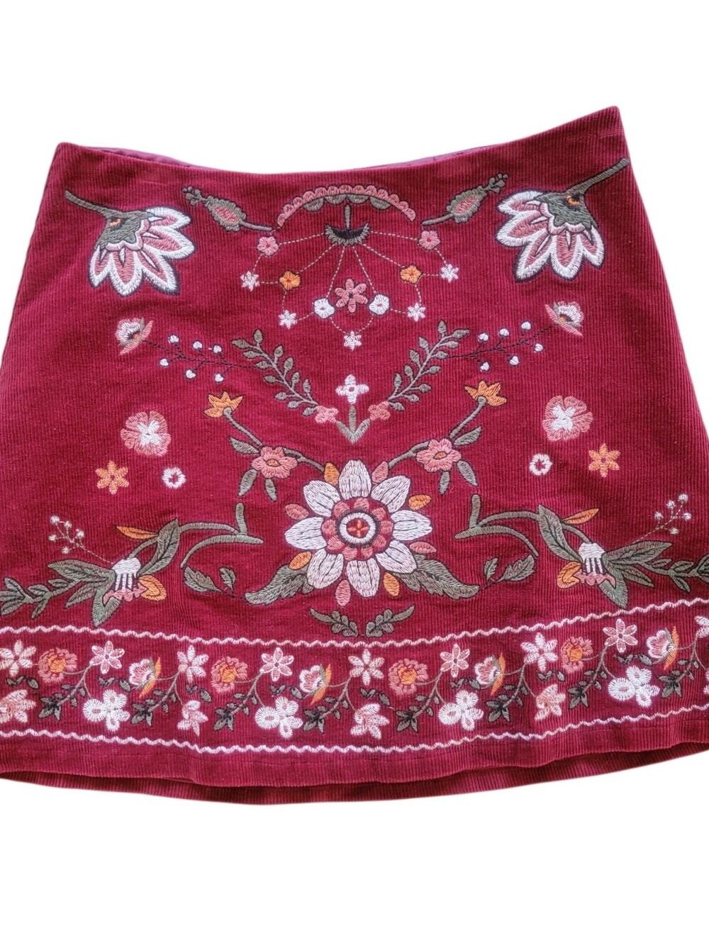 ​Blu Pepper Women's Boho Embroidered Corduroy Mini Skirt Small Burgundy Floral